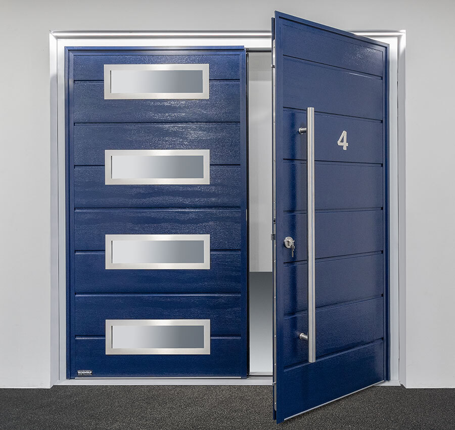 CarTeck Insulated Centre Ribbed Side Hinged Garage Door - Woograin Steel Blue with Bling Sigma Windows, Writing Decal & Stainless Steel Pull Handle
