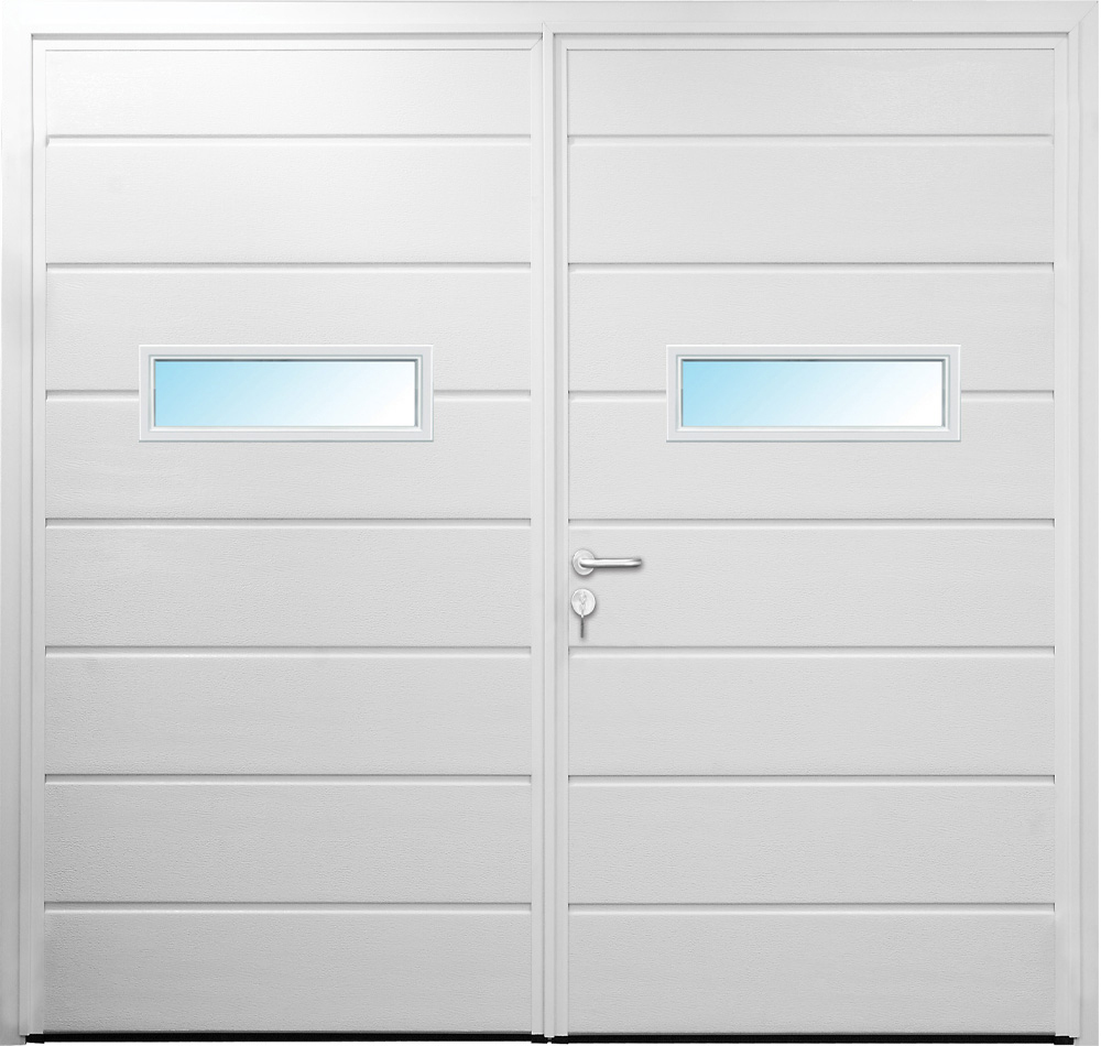CarTeck Insulated Centre Ribbed Side Hinged Garage Door - Horizontal White with Type 2 Rectangular Windows
