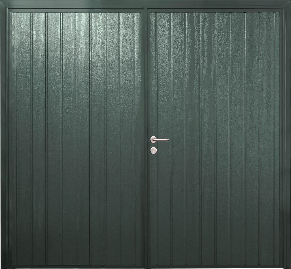CarTeck Insulated Standard Rib Side Hinged Garage Door - Woodgrain Fir Green Vertical