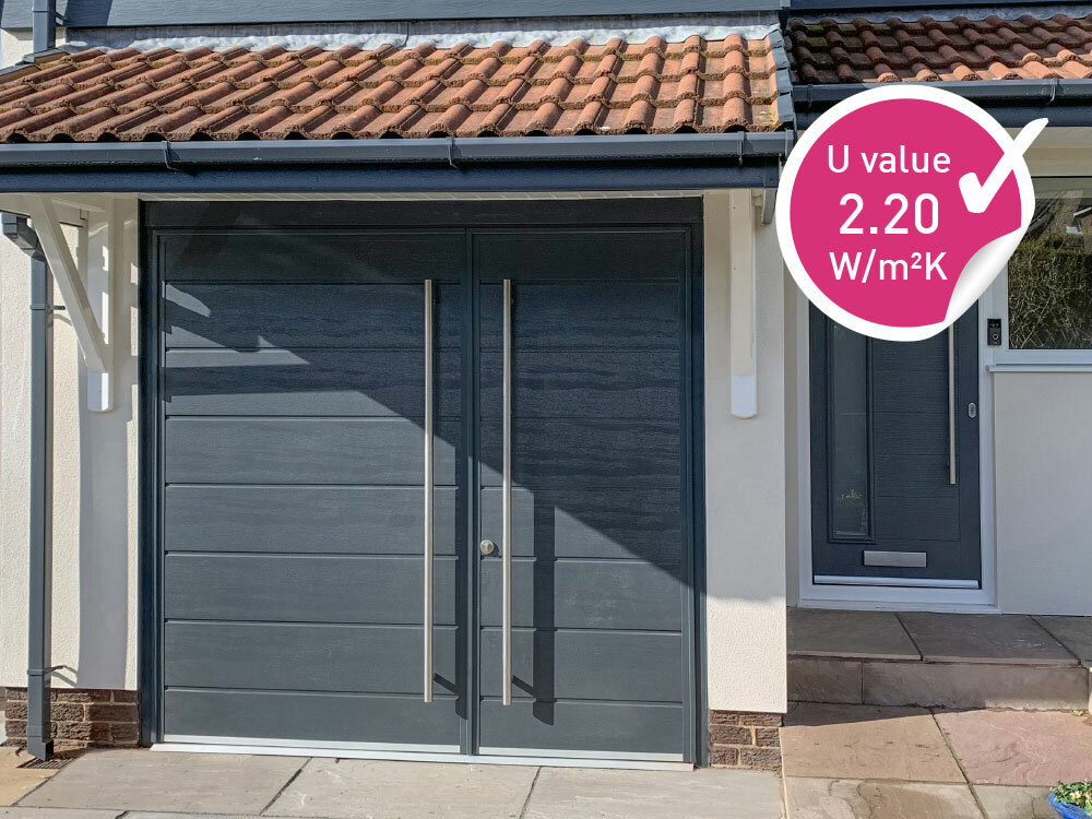 CarTeck Insulated Centre Ribbed Horizontal Side Hinged Garage Door -  Woodgrain Anthracite Grey with D Handles