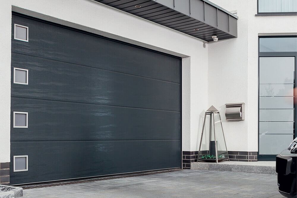 CarTeck Insulated Solid Sectional Garage Door - Woodgrain Anthracite with Square Type 1 Windows