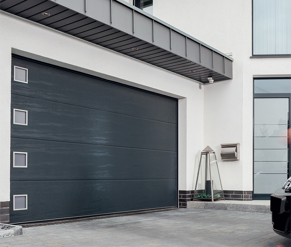 CarTeck Insulated Solid Sectional Garage Door - Anthracite Woodgrain with Alpha Windows