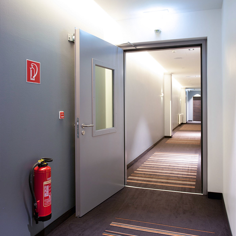 Steel Fire Door With Vision Panel Integrated Into A Hotel Fire System 