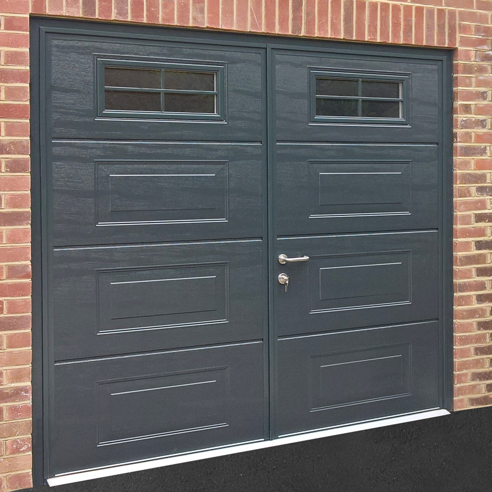 CarTeck Insulated Georgian Side Hinged Garage Door - Woodgrain Anthracite Grey with Cross Mullion Windows