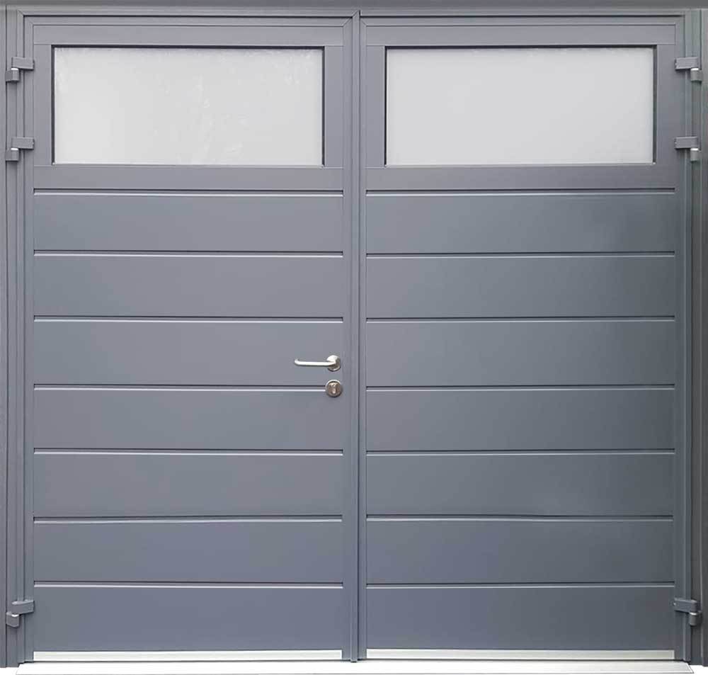 Carteck Traditional Side Hinged Garage Door - Centre Ribbed Horizontal in Grey with Plain Window Option