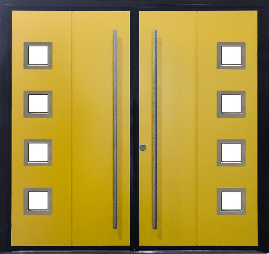 CarTeck Solid Side Hinged Garage Door - Smooth Custom Yellow with Type 1 Square Windows and Stainless Steel Pull Handles