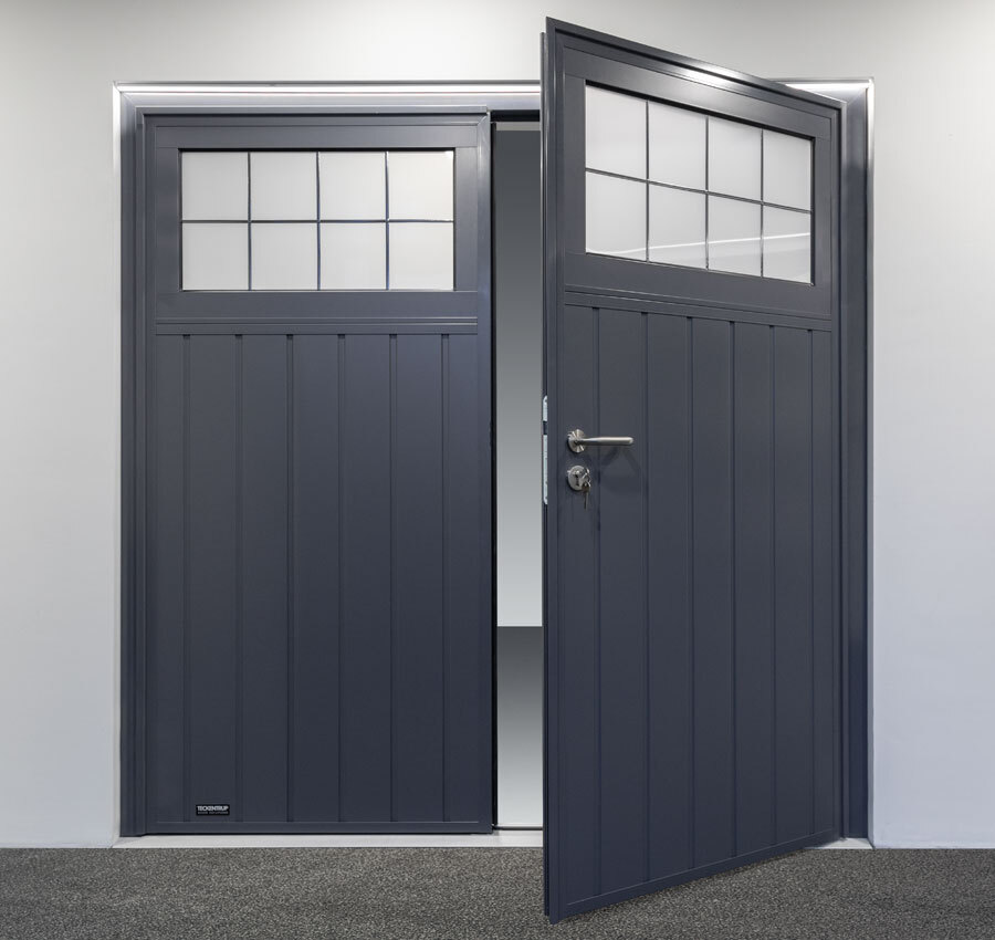 CarTeck Traditional Standard Ribbed Side Hinged Garage Door - Smooth Anthracite Grey with Mock Leaded-Effect Windows