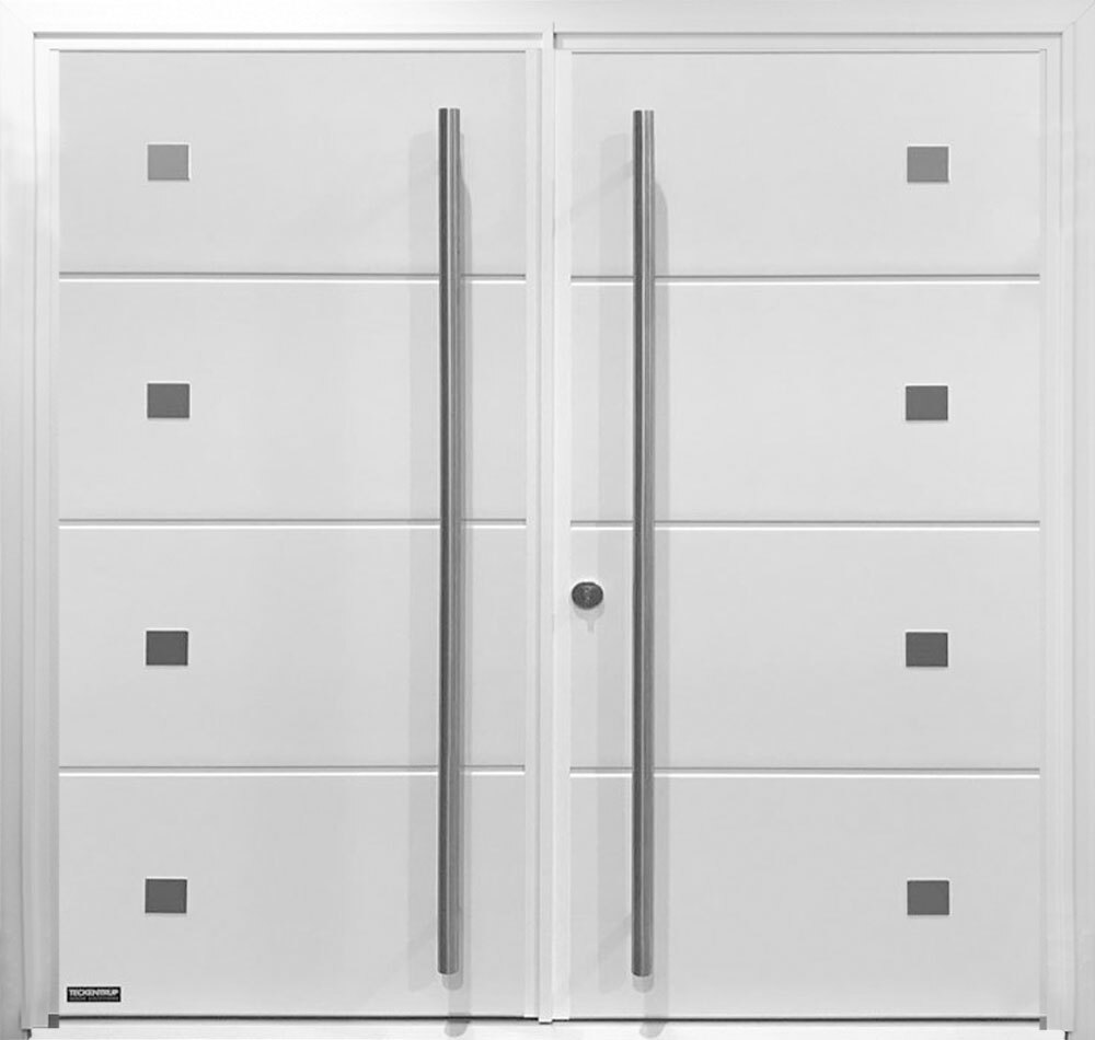 CarTeck Solid Side Hinged Garage Door - Horizontal Smooth White with Twin 1500mm D-Handles and Decorative Decals