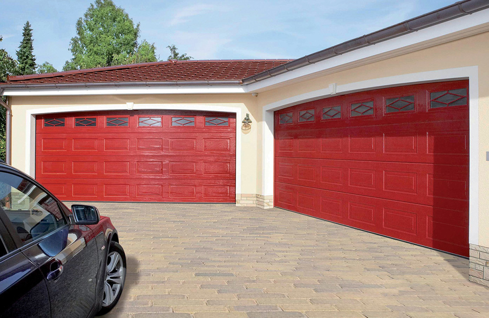 CarTeck Georgian Sectional Garage Door - Woodgrain Flame Red RAL 3000 With Rhombus Mullion Windows
