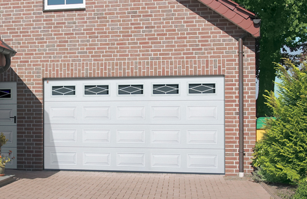 CarTeck Georgian Sectional Garage Door - Woodgrain White RAL 9016 With Cross Rhombus Windows