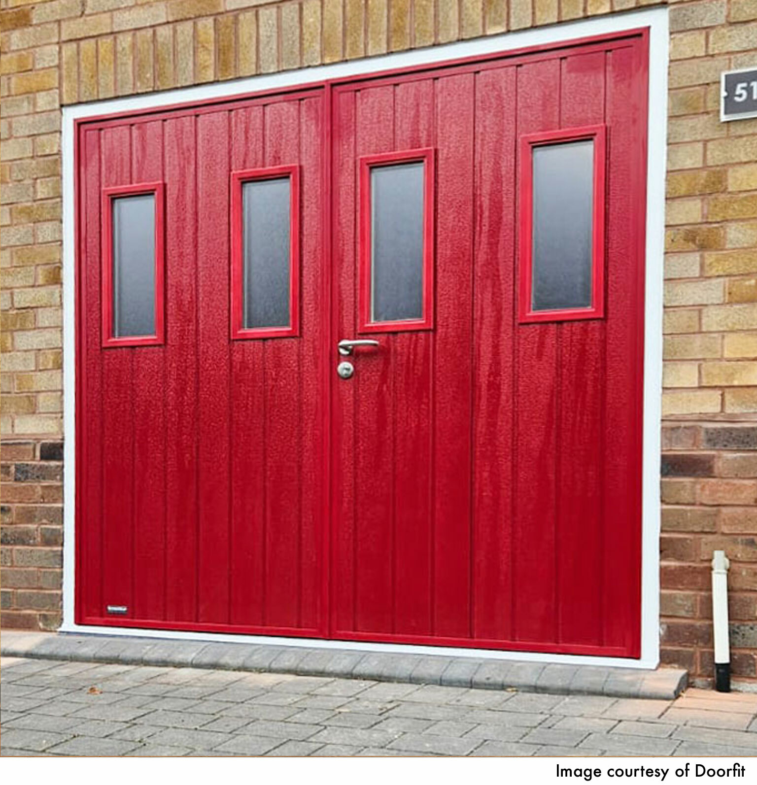 CarTeck Insulated Standard Ribbed Side Hinged Garage Door - Woodgrain Flame Red with Rectangle 1 Windows