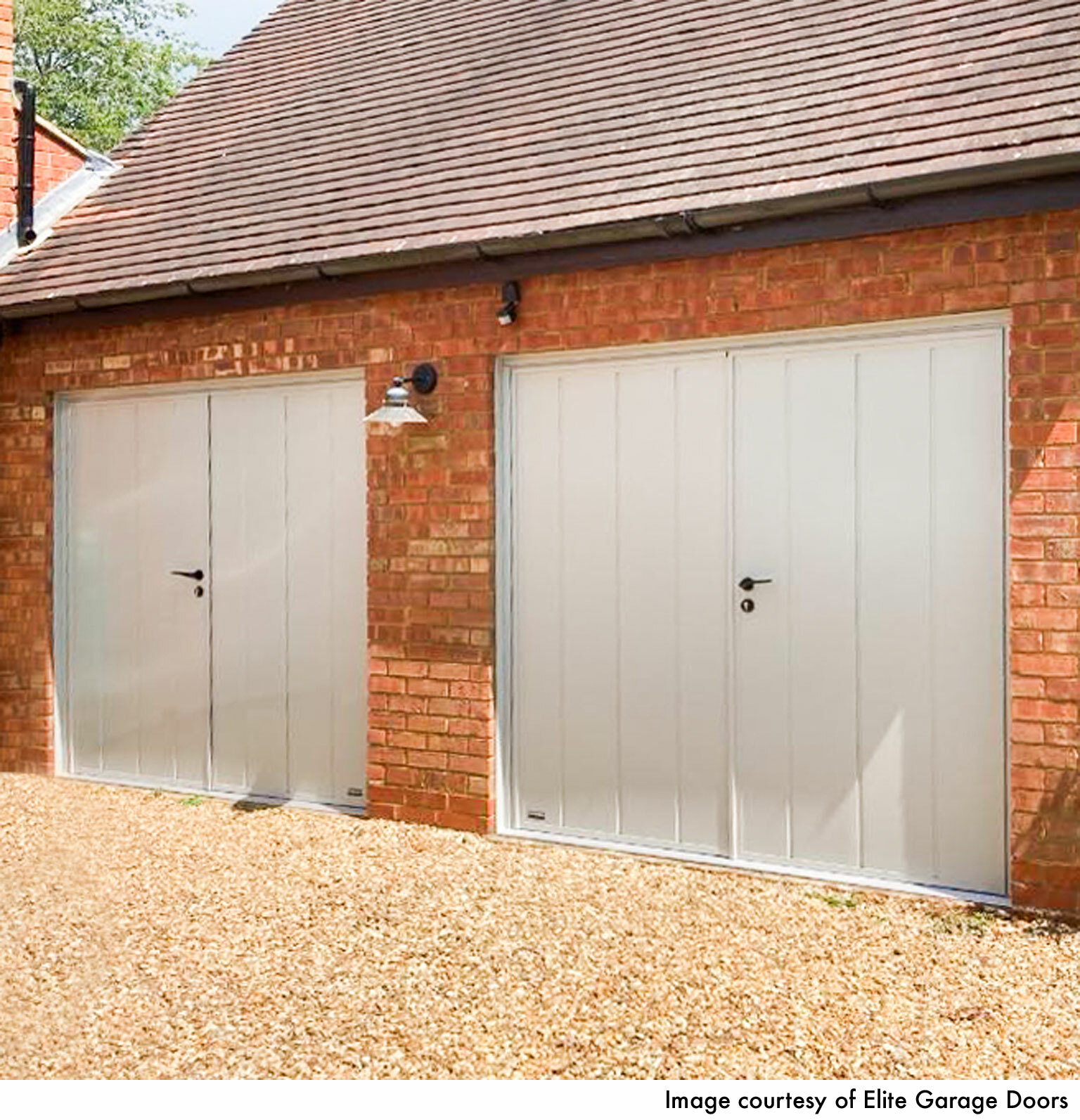 CarTeck Insulated Centre Ribbed Side Hinged Garage Door - Smooth Pebble Grey with Black Powder Coat Handles