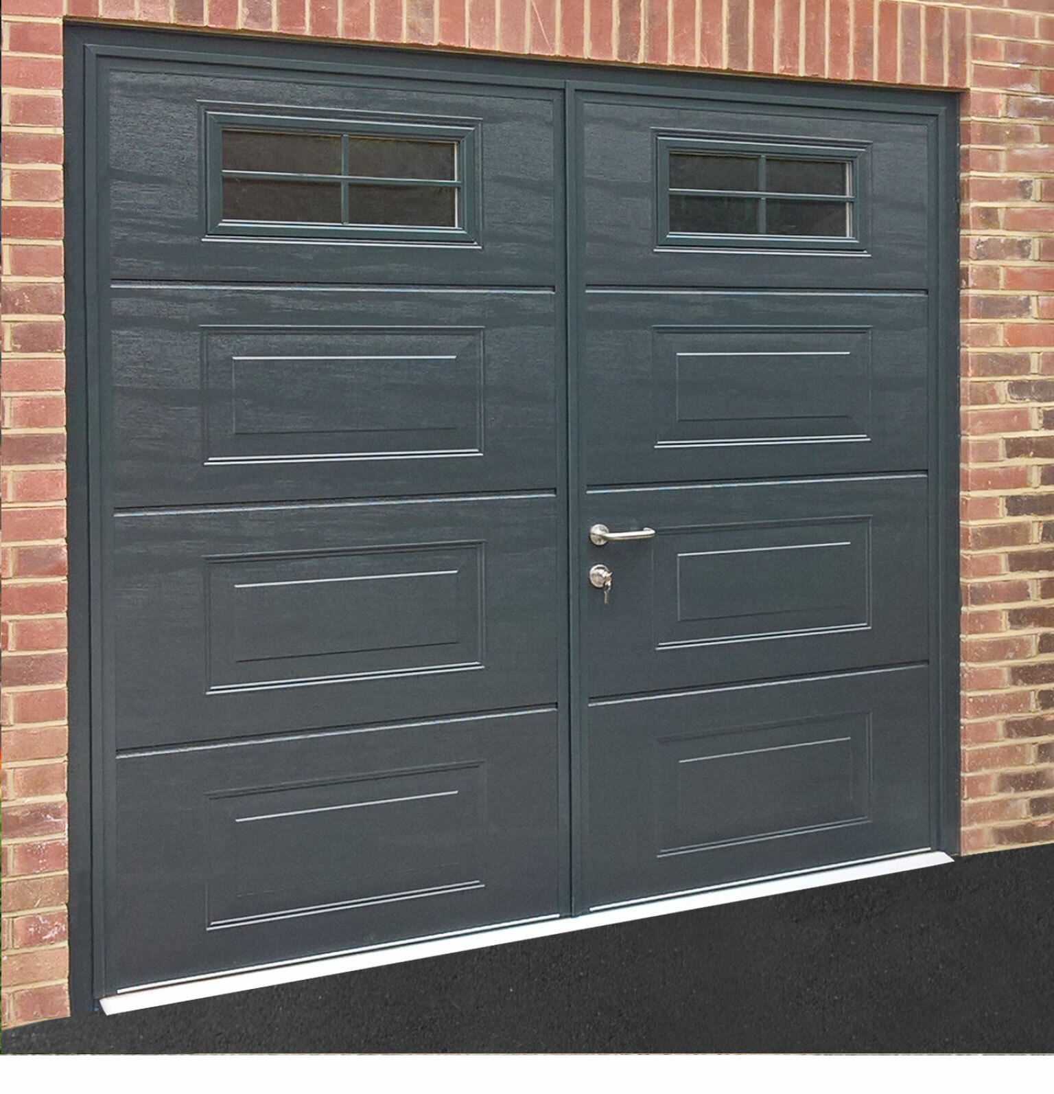 CarTeck Insulated Georgian Side Hinged Garage Door - Woodgrain Anthracite Grey with Cross Mullion Windows