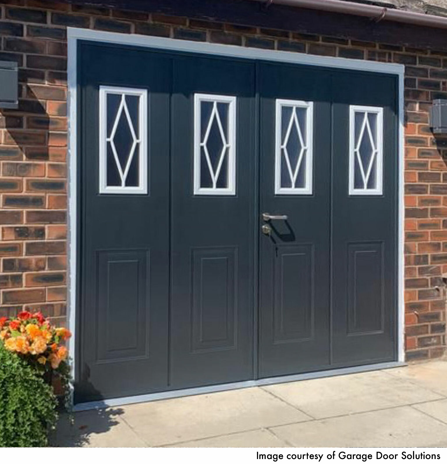 CarTeck Insulated Georgian Side Hinged Garage Door - Woodgrain Anthracite Grey with Rhombus Mullion Windows