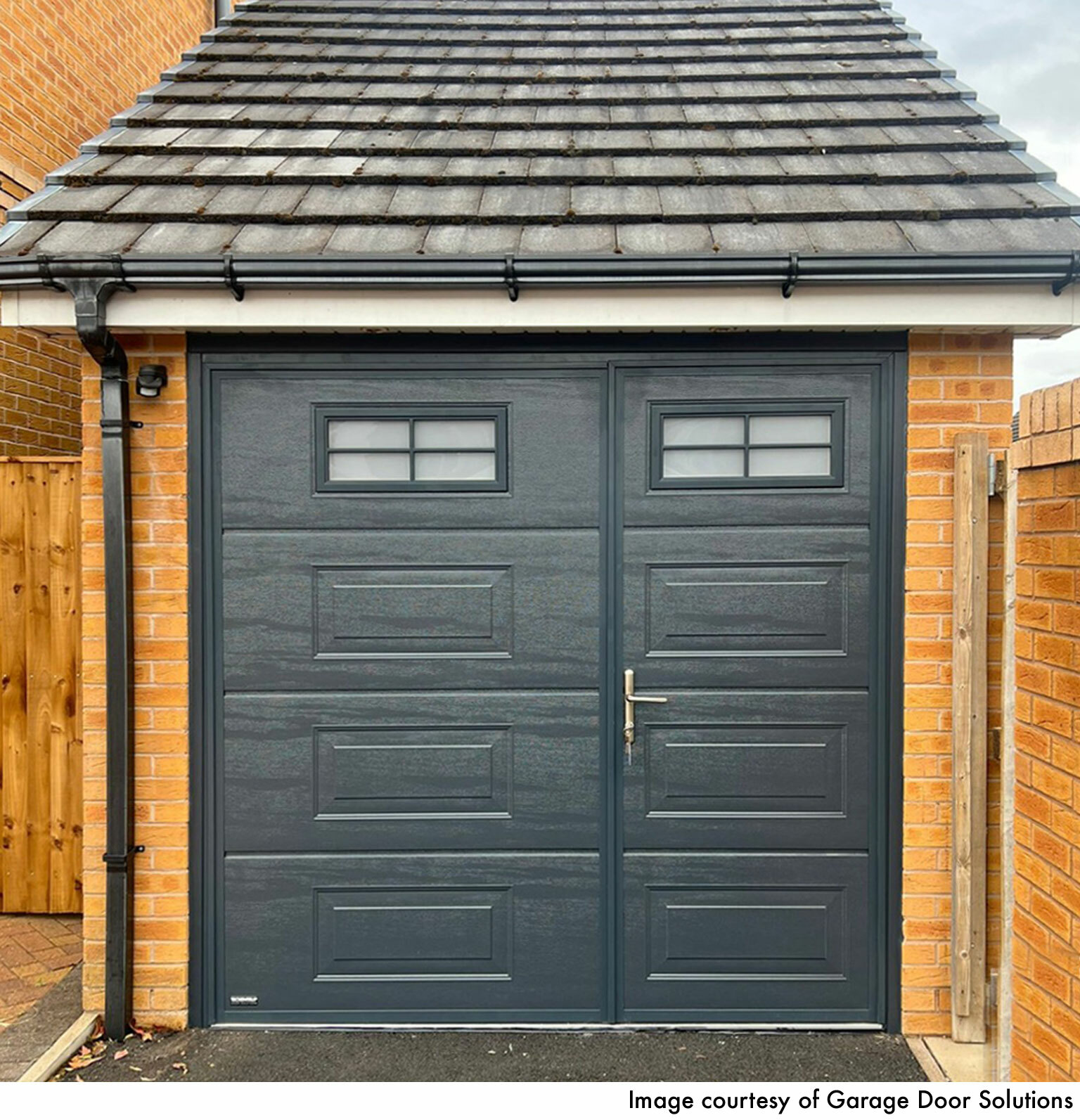 CarTeck Insulated Georgian Side Hinged Garage Door - Woodgrain Anthracite Grey with Cross Mullion Windows