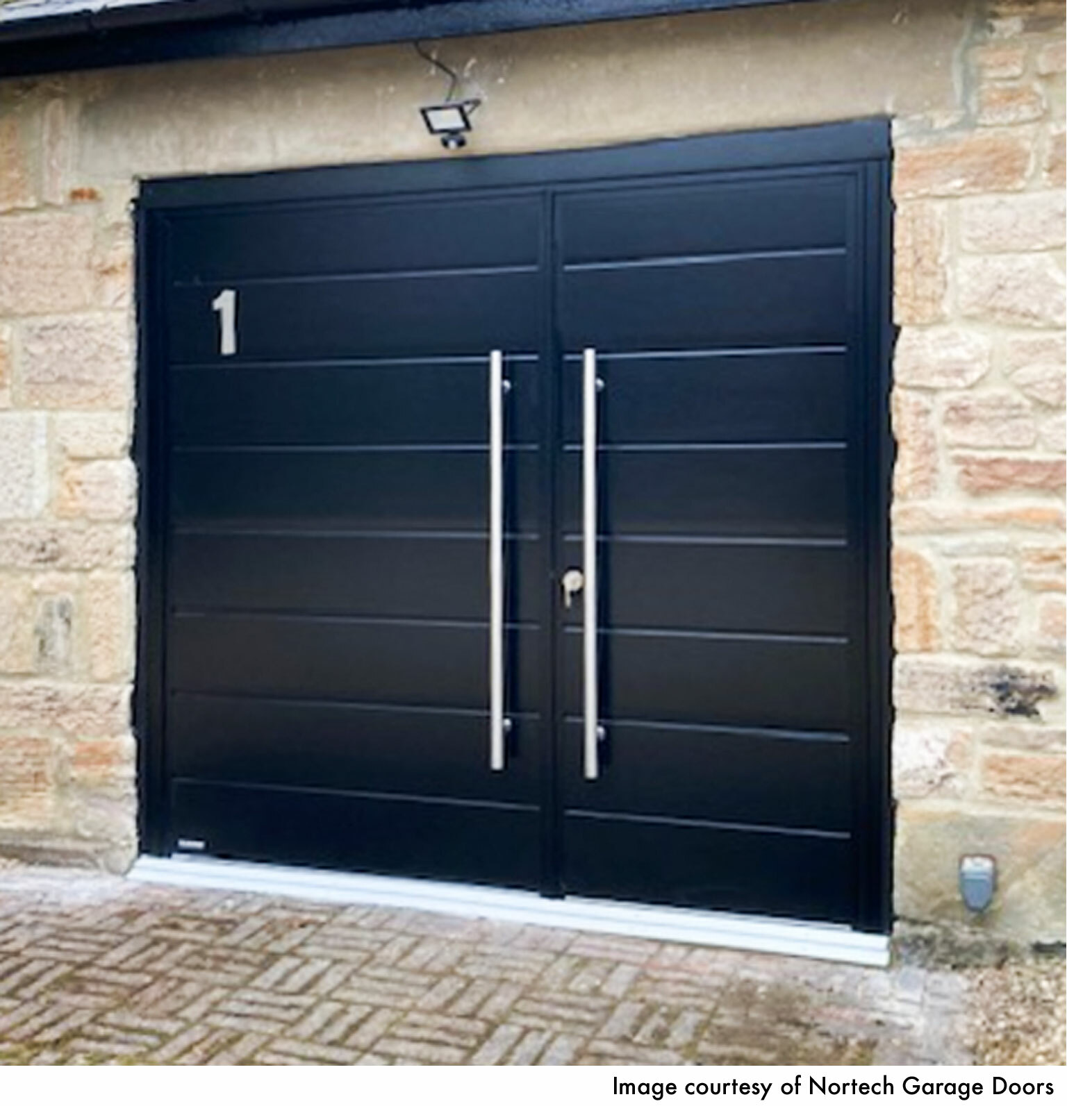 CarTeck Insulated Centre Ribbed Side Hinged Garage Door - Smooth Black with Bling Decal & Stainless Steel D-Handles
