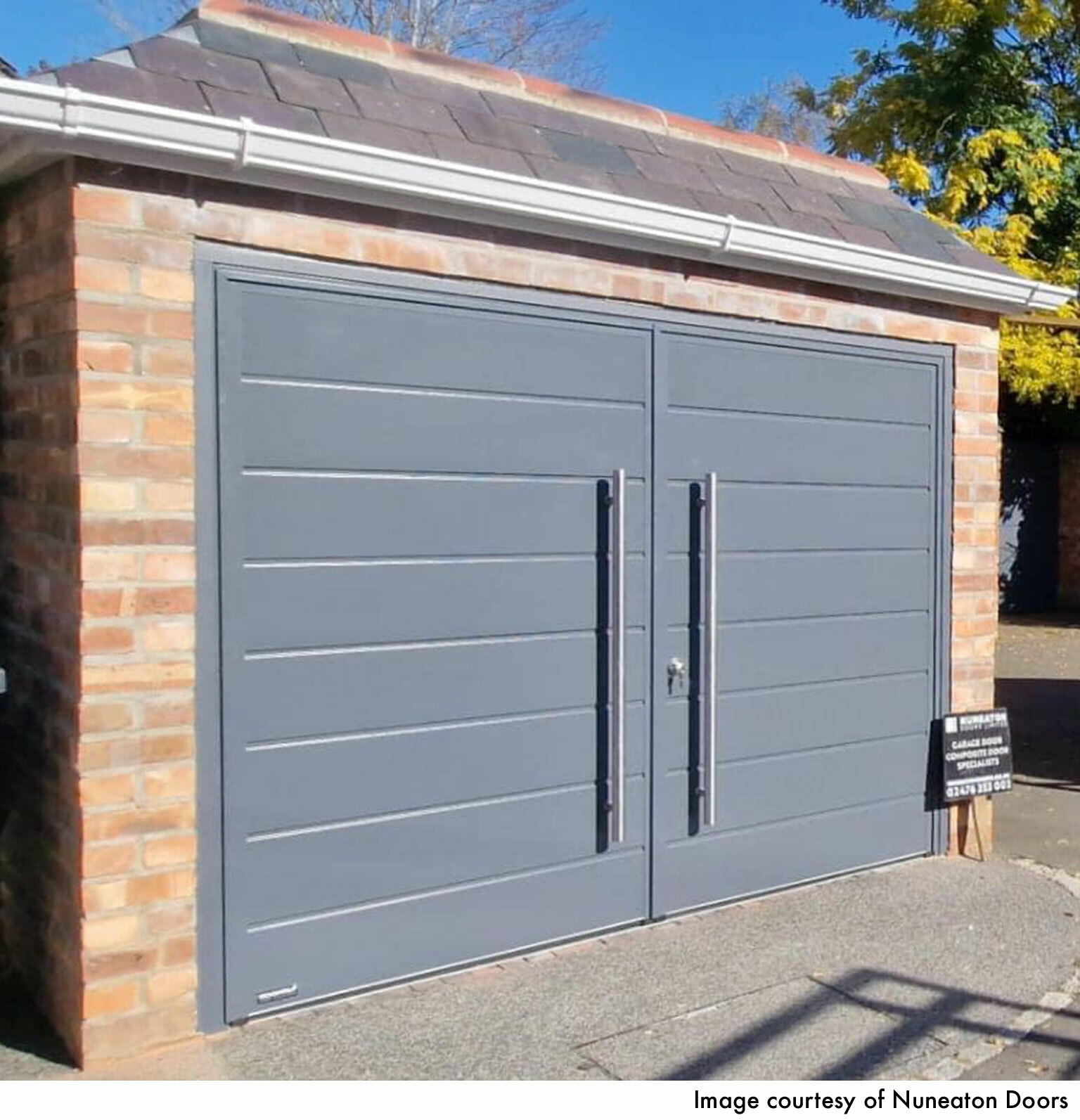 CarTeck Insulated Centre Ribbed Side Hinged Garage Door - Smooth Window Grey with Stainless Steel D-Handles