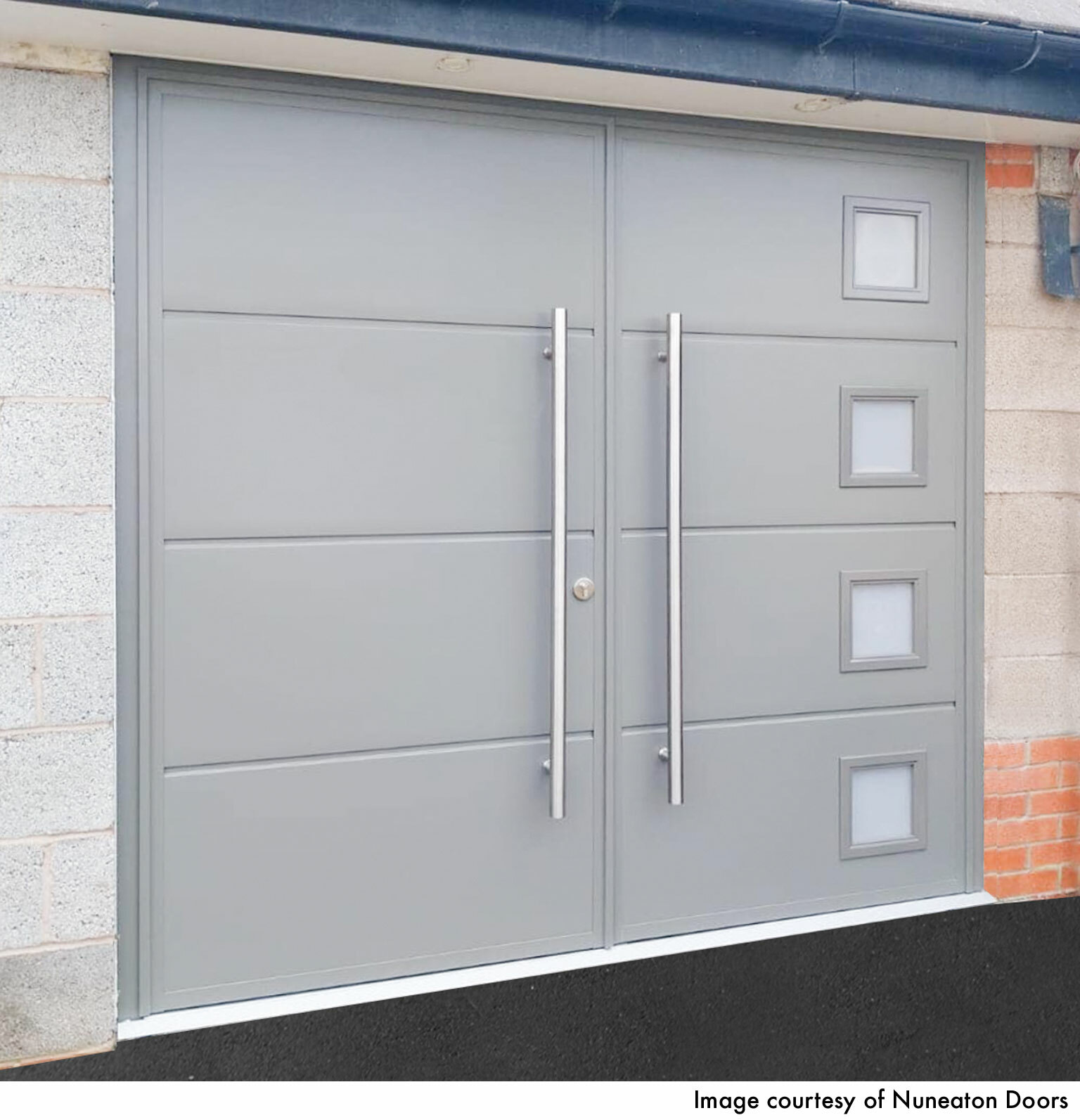CarTeck Insulated Solid Side Hinged Garage Door - Smooth Agate Grey with Square Type 1 Windows & Stainless Steel D-Handles