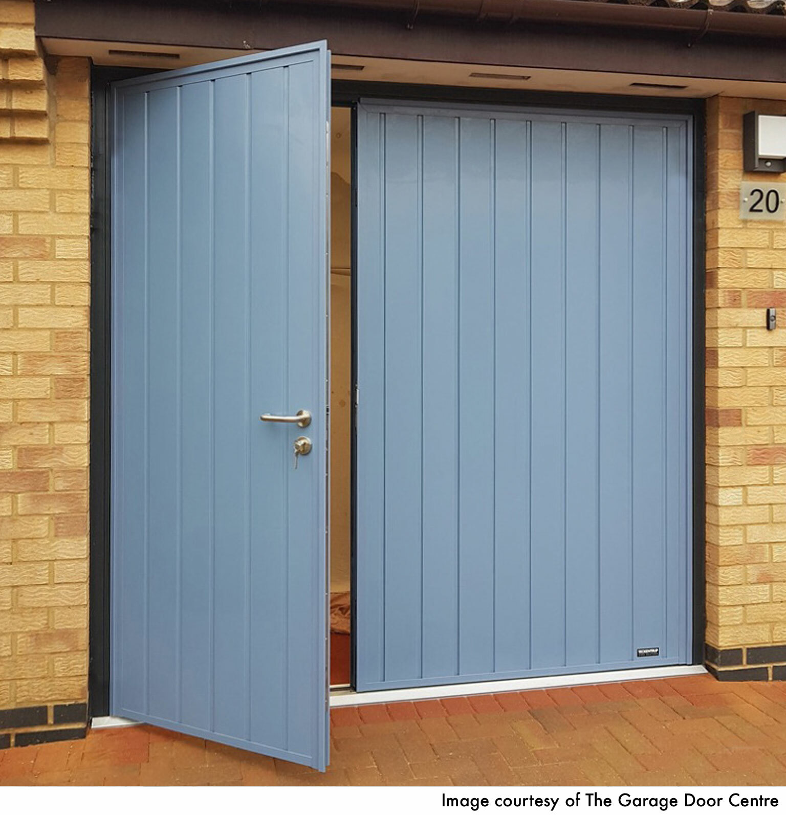 CarTeck Insulated Standard Ribbed Side Hinged Garage Door - Woodgrain Pigeon Blue