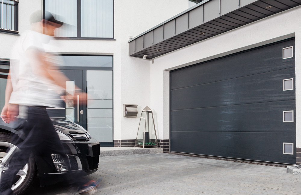 CarTeck Insulated Solid Sectional Garage Door - Woodgrain Anthracite Grey RAL 7016 With Square Type 1 Windows