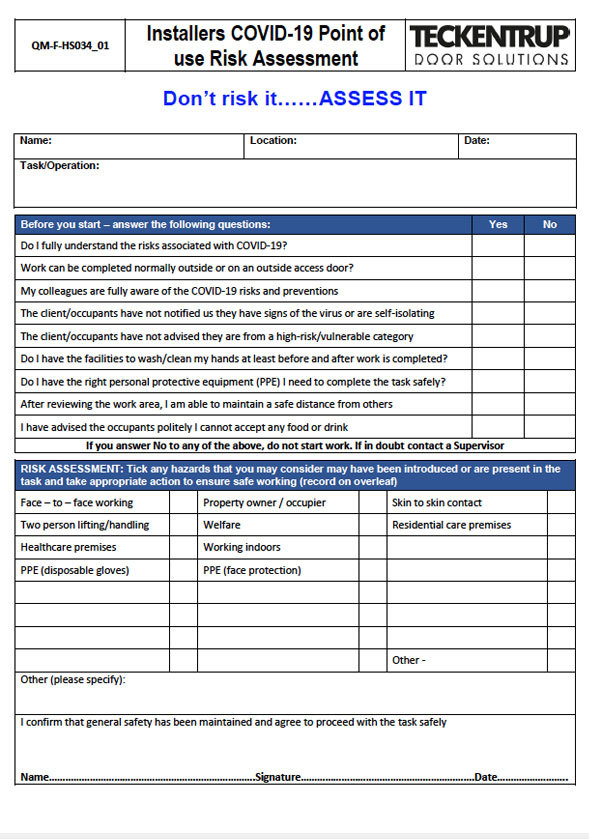 Installers COVID-19 Point of use Risk Assessment May 2020 cover