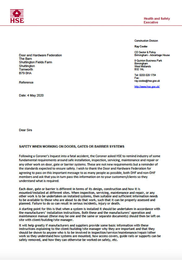 HSE DHF Letter on Installation, Operation and Maintenance Manuals May 2020 cover