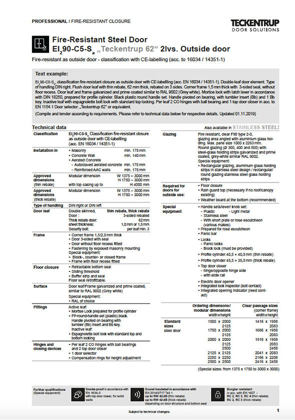 Teckentrup Outside Fire Proof Door EI2 90-C5-SA "Teckentrup 62" Double Leaf (Technical Data) cover