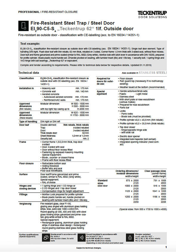 Teckentrup Outside Fire Proof Door EI2 90-C5-SA "Teckentrup 62" Single Leaf (Technical Data) cover