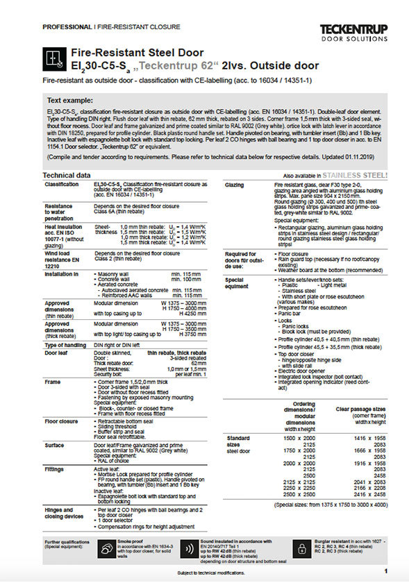 Teckentrup Outside Fire-Resistant Steel Door EI2 30-C5-SA "Teckentrup 62" Double Leaf (Technical Data) cover