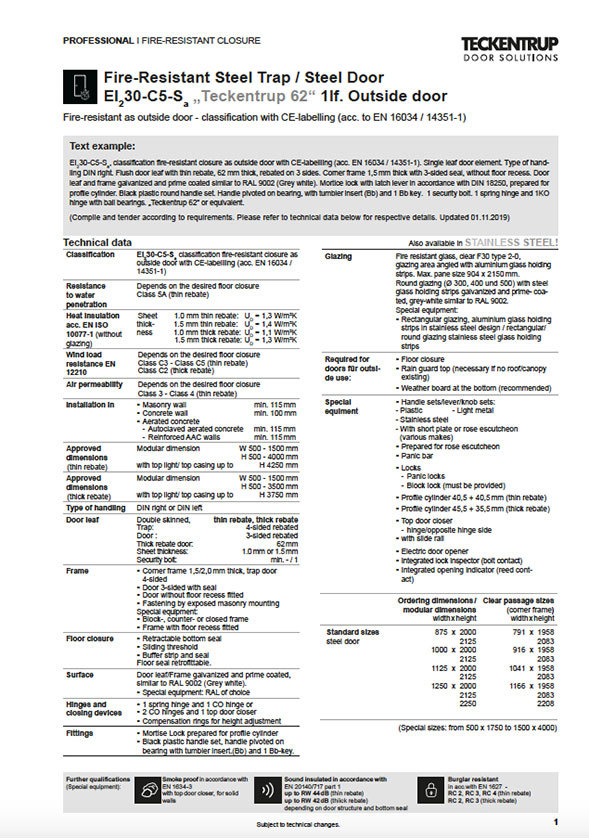 Teckentrup Outside Fire-Resistant Steel Door EI2 30-C5-SA "Teckentrup 62" Single Leaf (Technical Data) cover