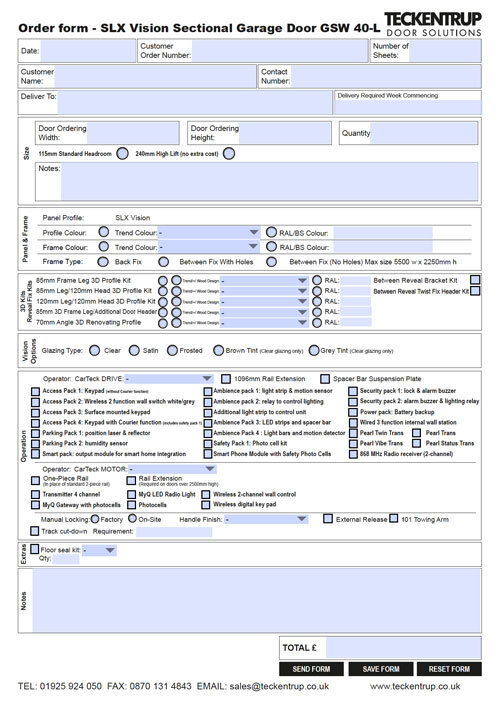 CarTeck SLX Vision Sectional Garage Door GSW 40-L (Order Form) cover