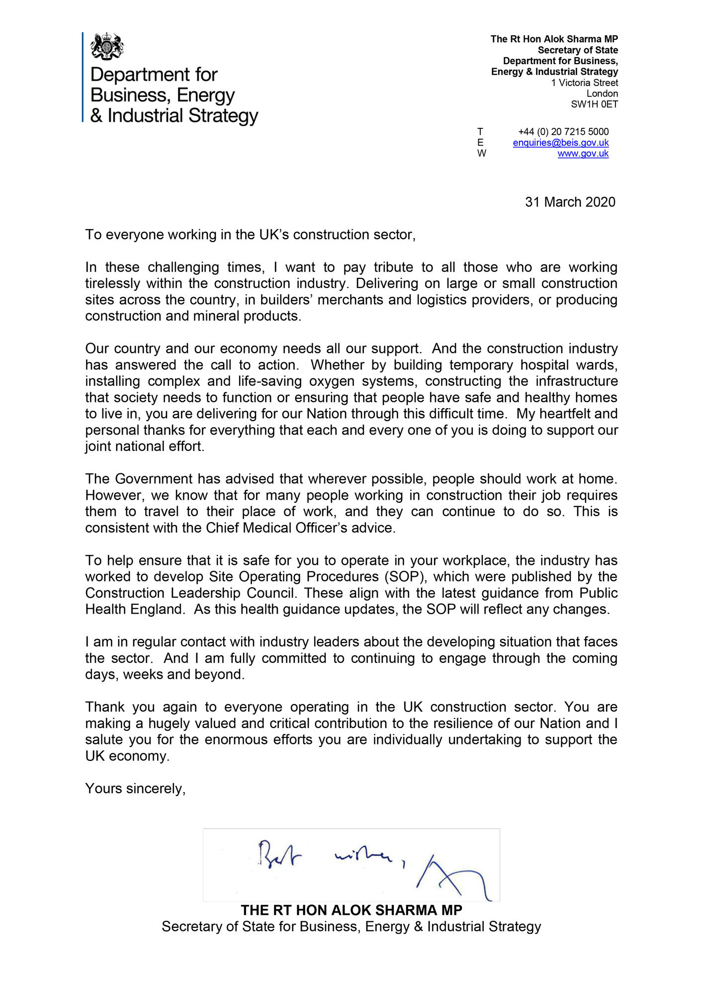 Secretary Of State Letter To Uk Construction Industry