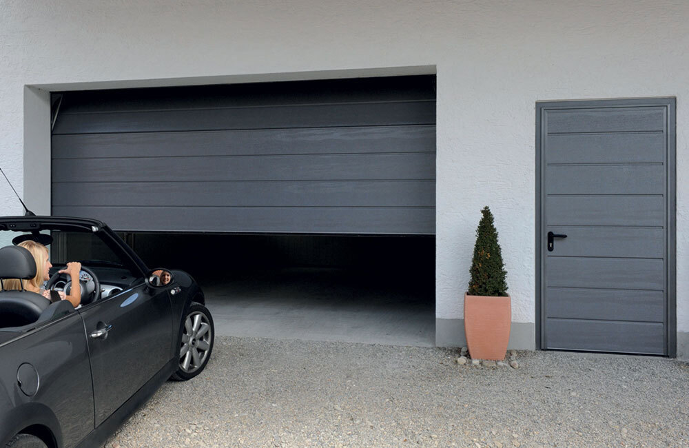 CarTeck Centre Ribbed Sectional Garage Door - Woodgrain Anthracite with Matching Entrance Door