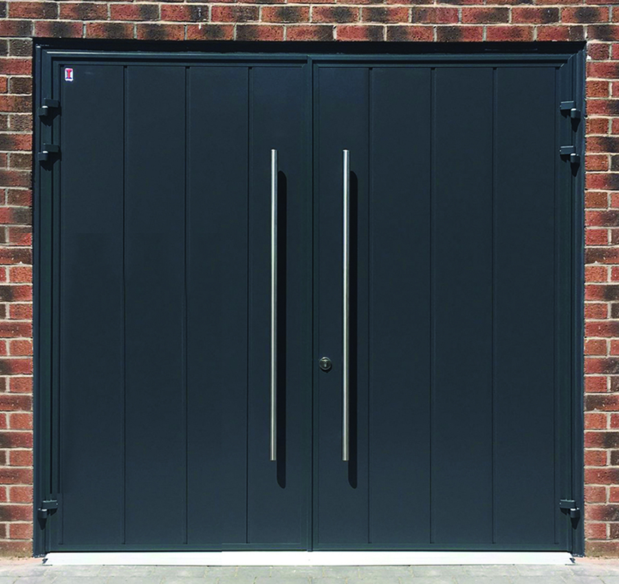 CarTeck Centre Ribbed Side Hinged Garage Door - Anthracite Grey with Stainless Steel Pull Handles