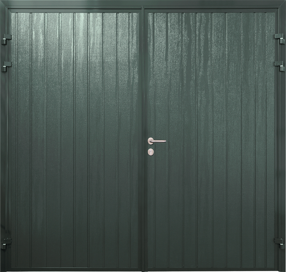 CarTeck Standard Rib Side Hinged Garage Door - Woodgrain Moss Green Vertical