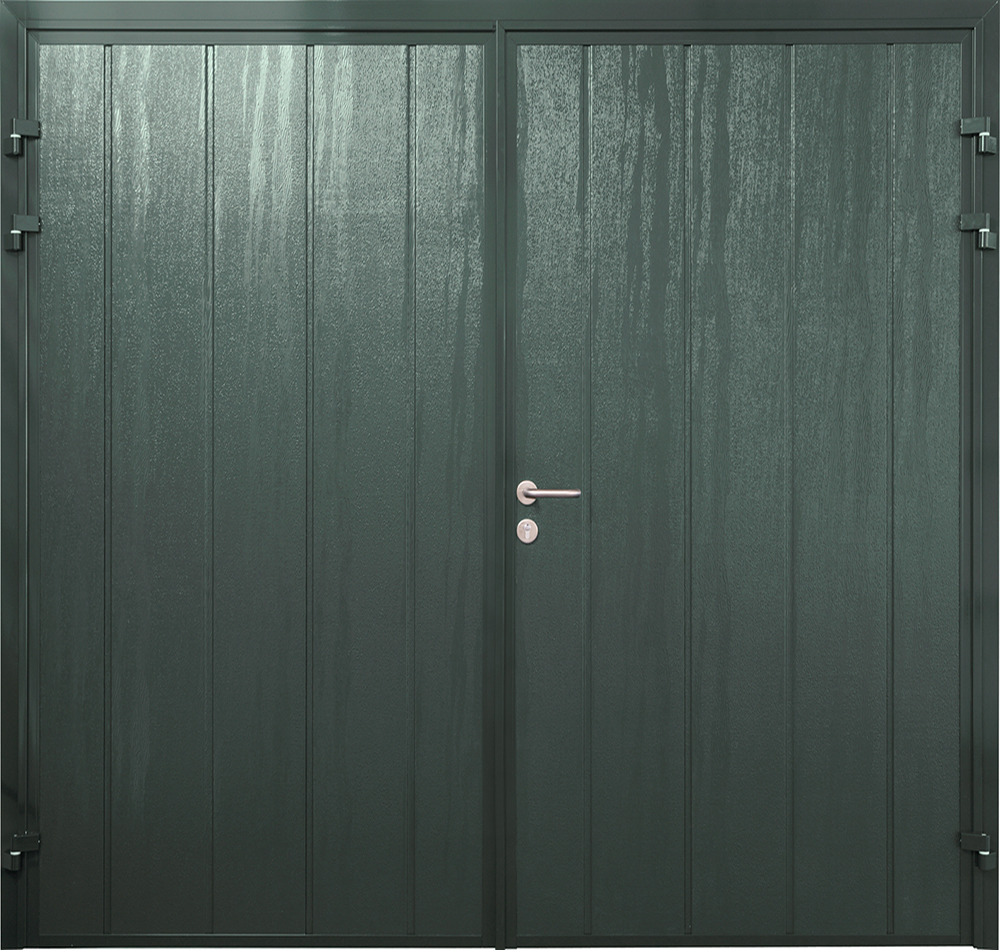 CarTeck Centre Ribbed Side Hinged Garage Door - Woodgrain Vertical Moss Green