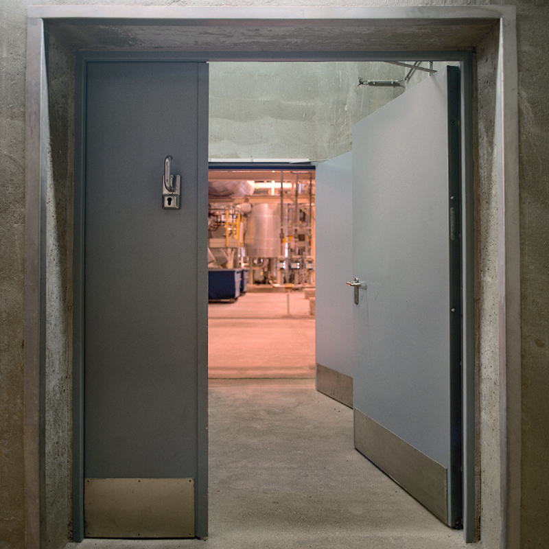 Twin Double Steel Acoustic Soundproofing Doors At The Entrance To A Plant Room